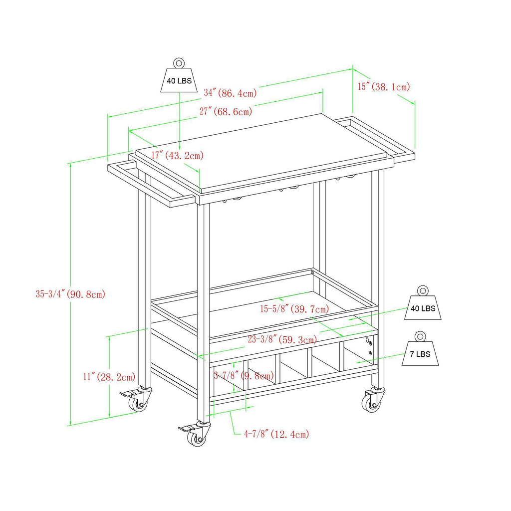 Black Faux Marble Rolling Bar Cart with Bottle Storage D631892