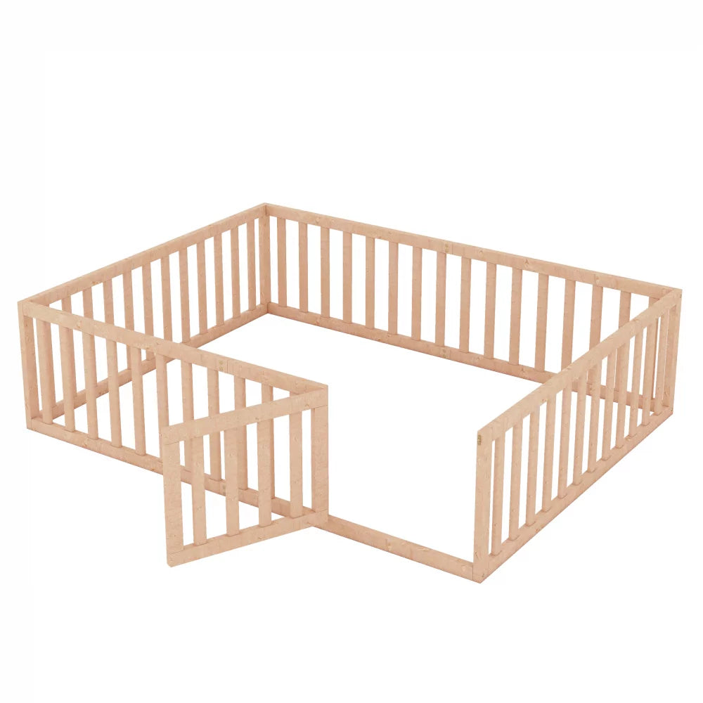 Queen Size Solid Wood Floor Bed Frame with Fence Rail and Door H58869
