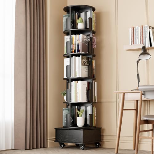 Black 5-Tier Rotating Book Shelf with Drawer A8300