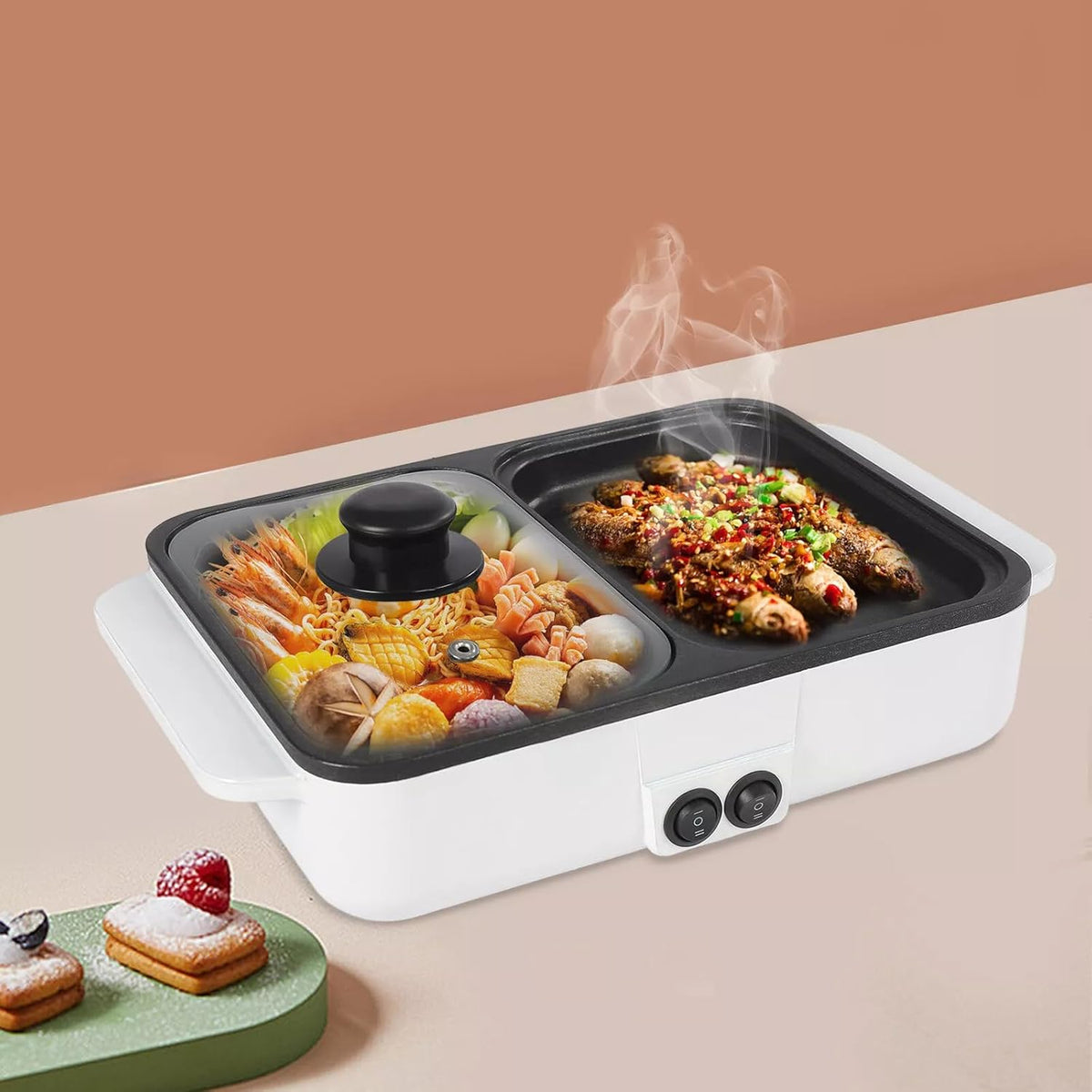 White 2 in 1 Non-Stick Electric Hot Pot with Grill L77731