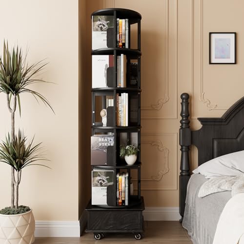 Black 5-Tier Rotating Book Shelf with Drawer A8300
