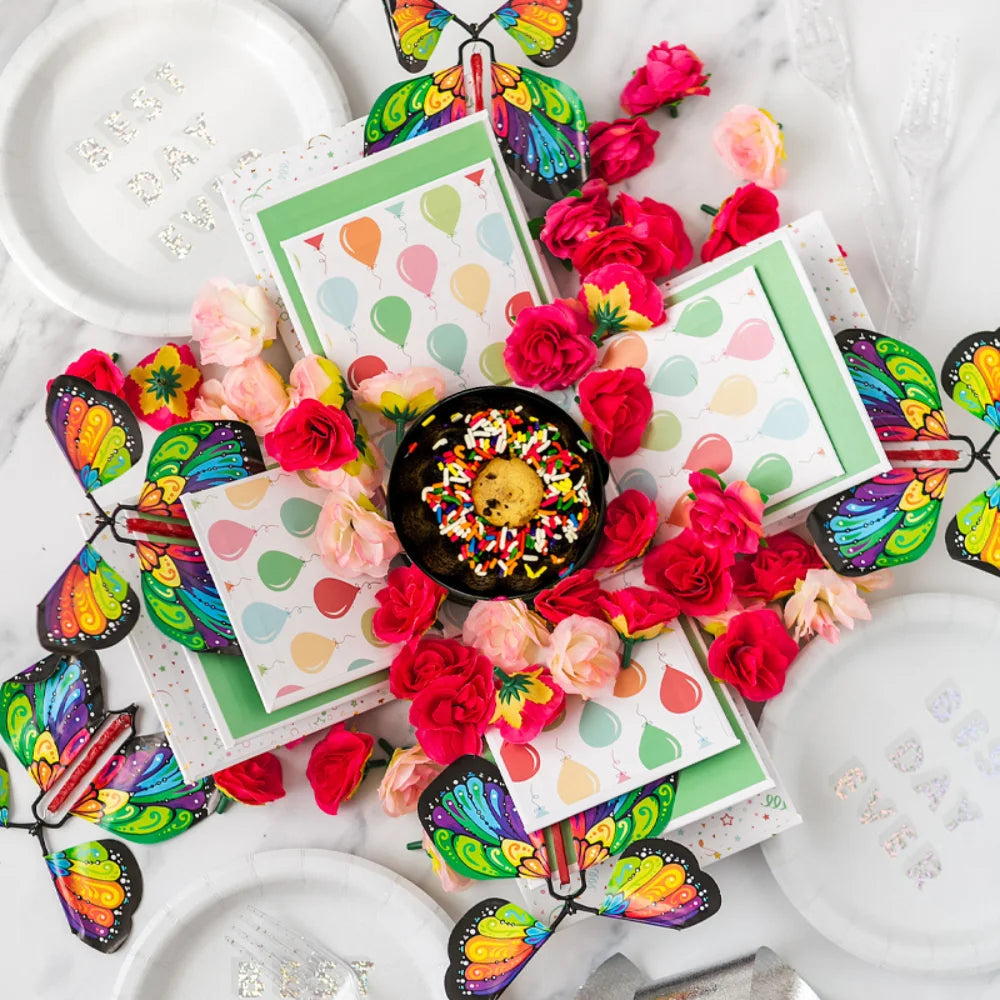 White & Gold Foil Celebration Explosion Flying Butterfly Surprise Cake & Flowers Gift Box Y29058