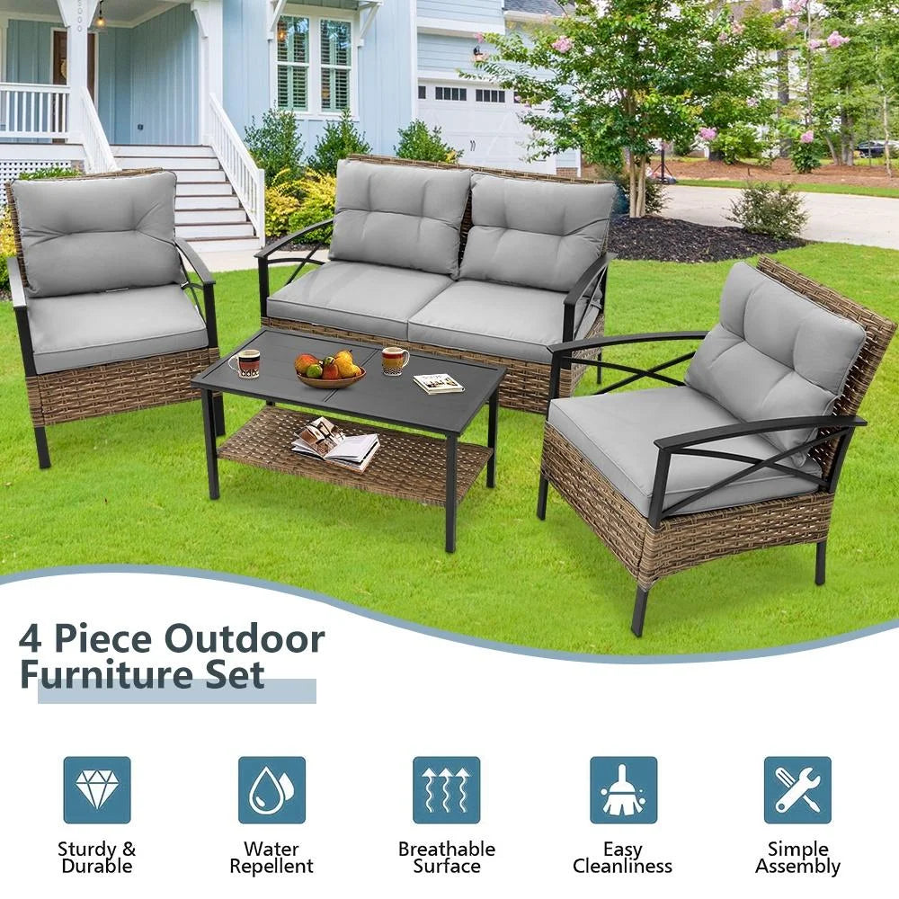 4 Pieces All-Weather PE Rattan Wicker Patio Sofa Set with Coffee Table R281639