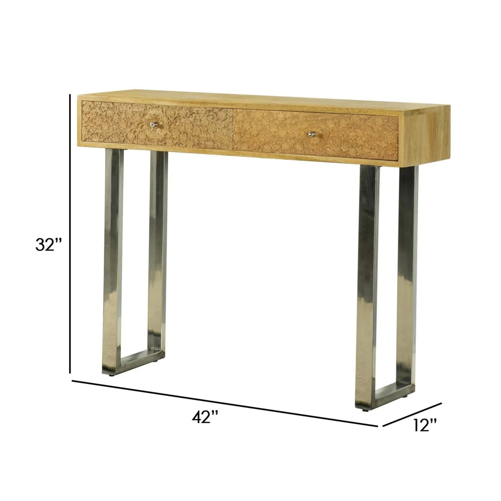 42 Inch Console Table 2 Hand Carved Drawers U Shaped Legs Brown Finish A643131