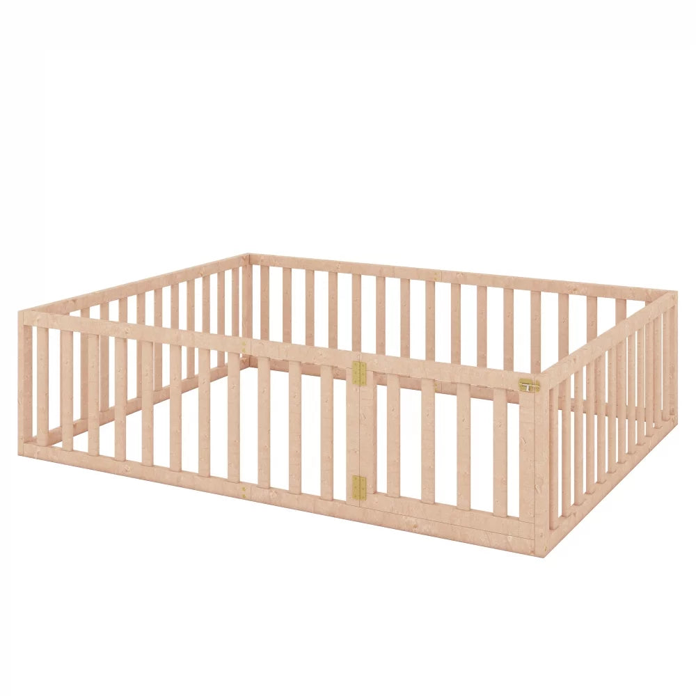 Queen Size Solid Wood Floor Bed Frame with Fence Rail and Door H58869