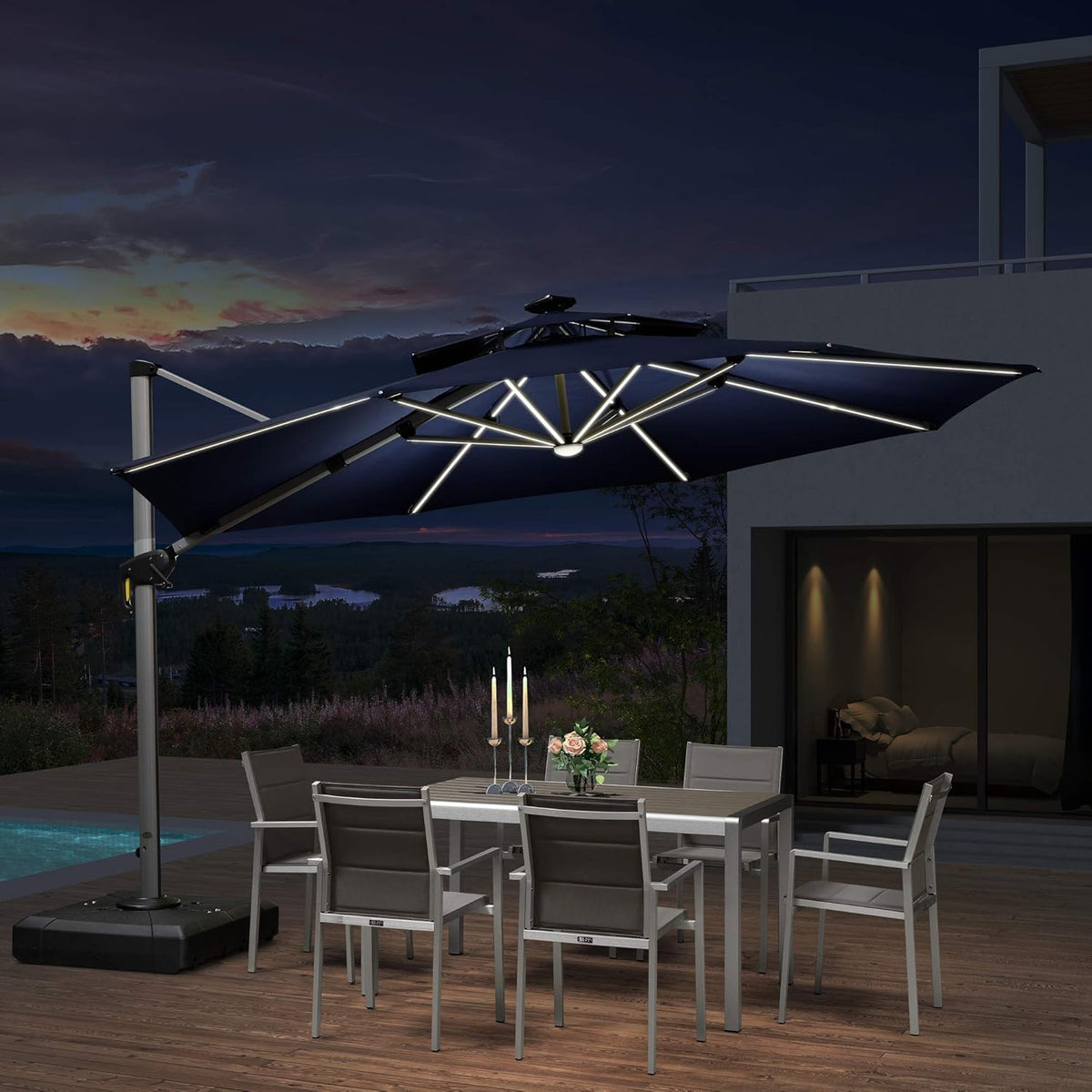 Grey 12ft Solar Powered LED Cantilever Patio Umbrella E352