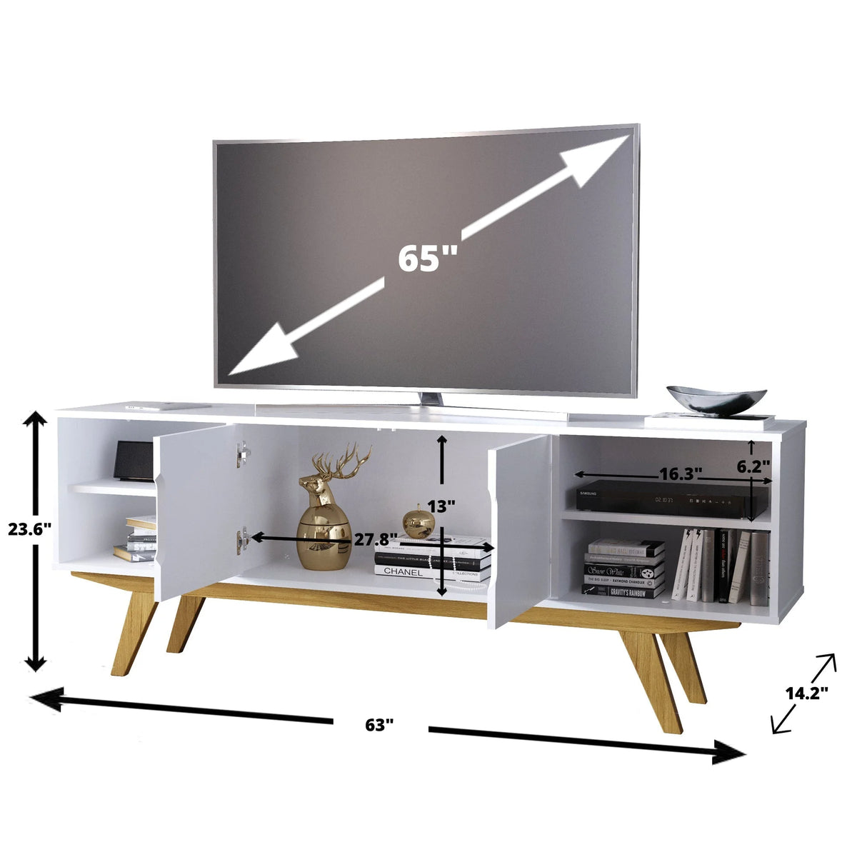 Modern White TV Stand with 4 Open Shelves X44822