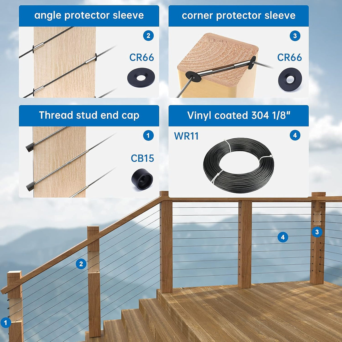 40Pack Cable Railing Kit Adjustable Angled Protector Sleeve for 1/8" Wire Rope Wood Posts Compatible 10 30 40 Degree Beveled Grommet Protective T316 Stainless Steel Pack of 2 V6097
