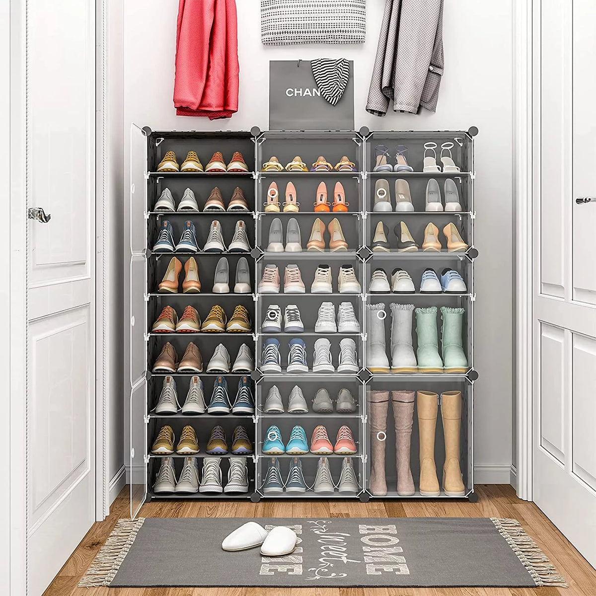Portable Shoe Rack Organizer with Door, 36 Pair Plastic Shoe Storage Shelf, Black T5196