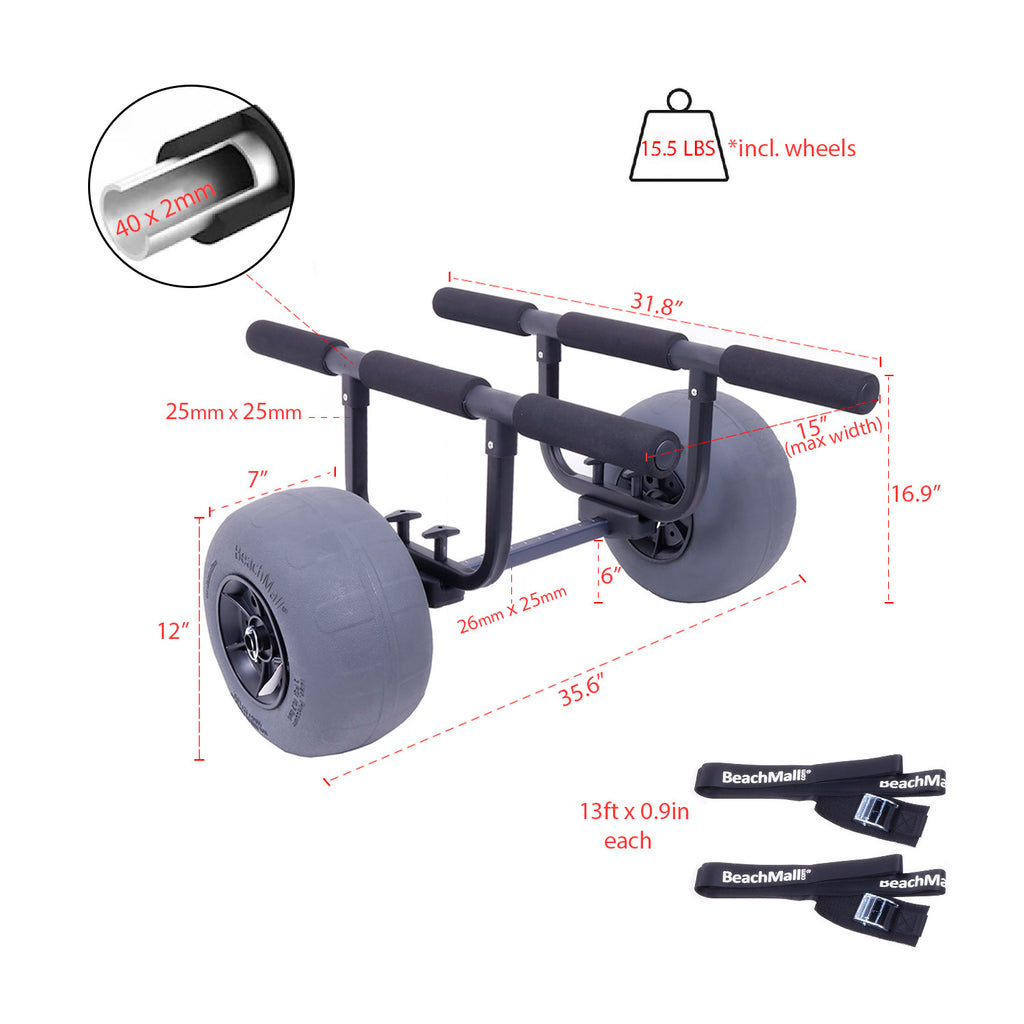 Heavy Duty Kayak Cart Dolly with Inflatable Balloon Beach Wheels, 330 lbs Weight Rating, Foldable Carrier, Adjustable Hull Bars A350