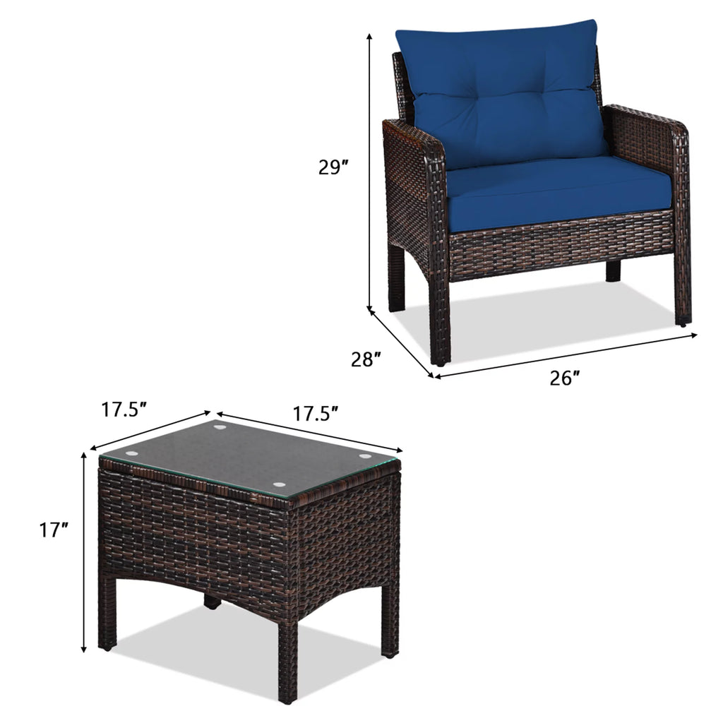 3 Pcs Rattan Patio Conversation Set with Navy Cushions X44598