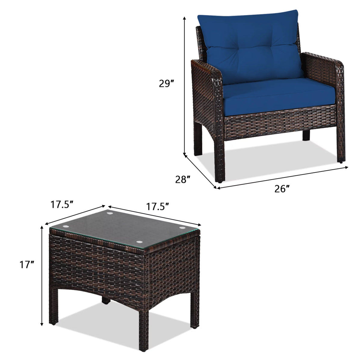 3 Pcs Rattan Patio Conversation Set with Navy Cushions X44598