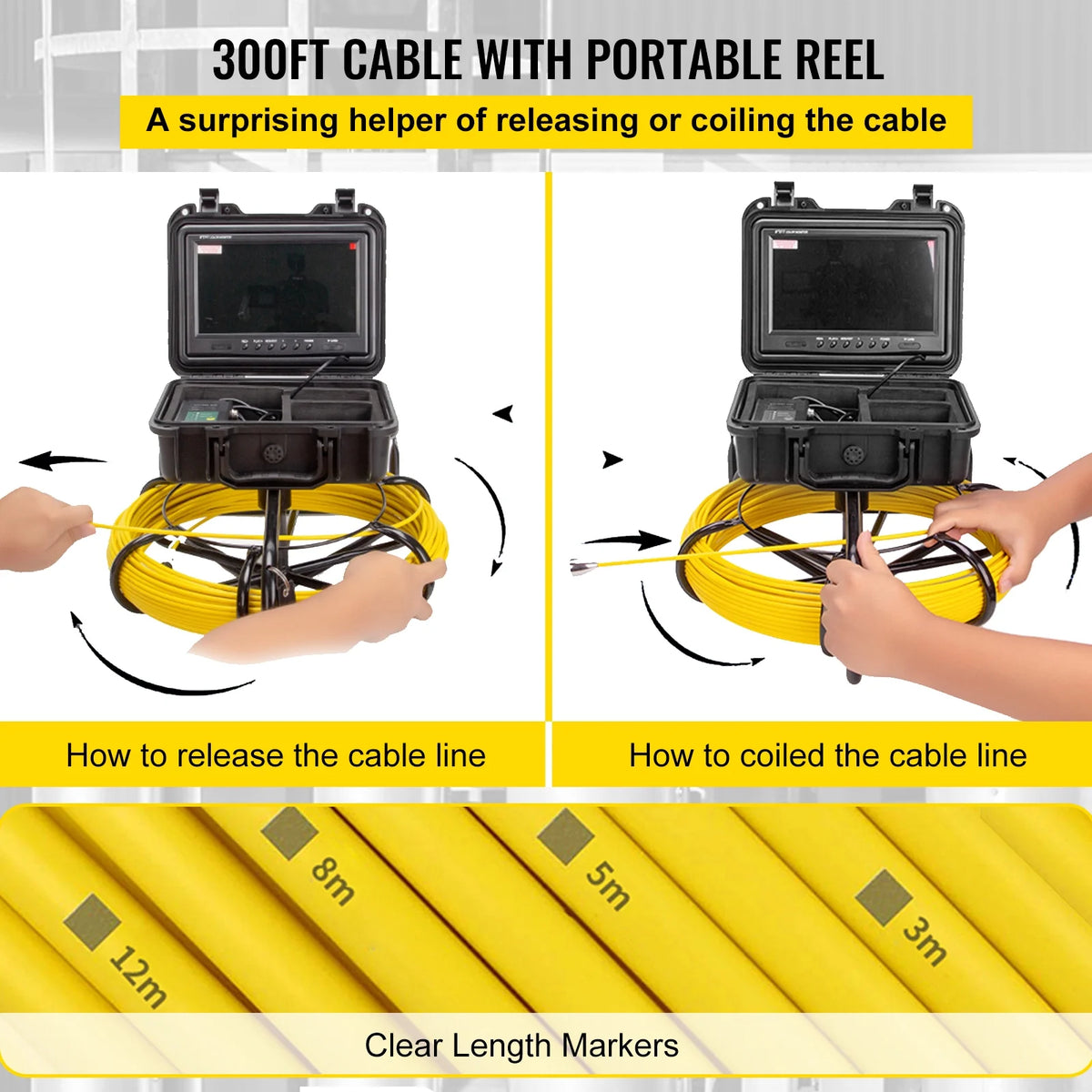 Sewer Camera 300ft Pipe Inspection Camera 9 Inch Color LCD Monitor IP68 Waterproof Borescope Endoscope A5343