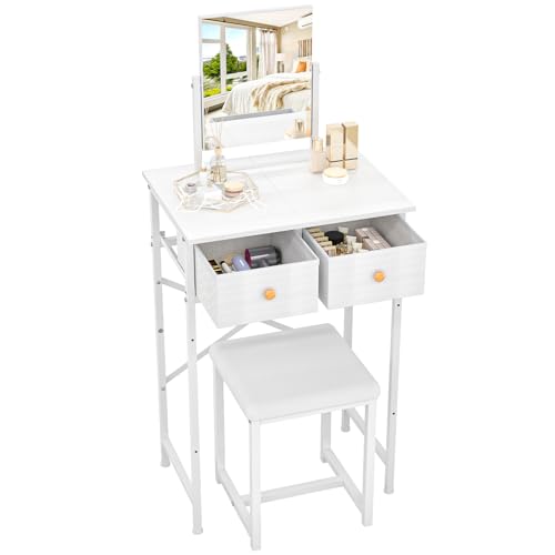 White Compact Vanity Desk with Mirror and Chair I82474