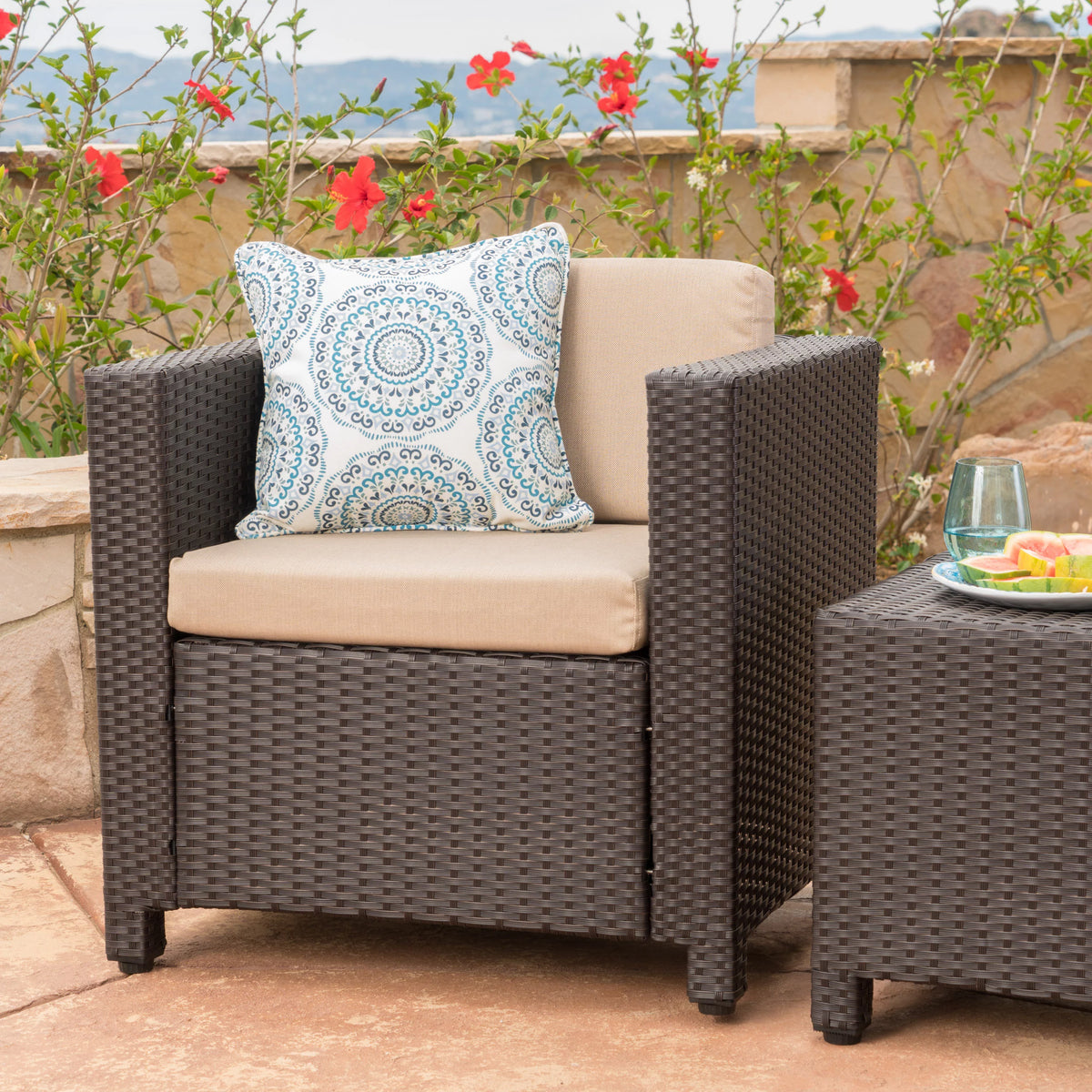 Outdoor Wicker Club Chair with Cushions, Dark Brown, Beige S2010