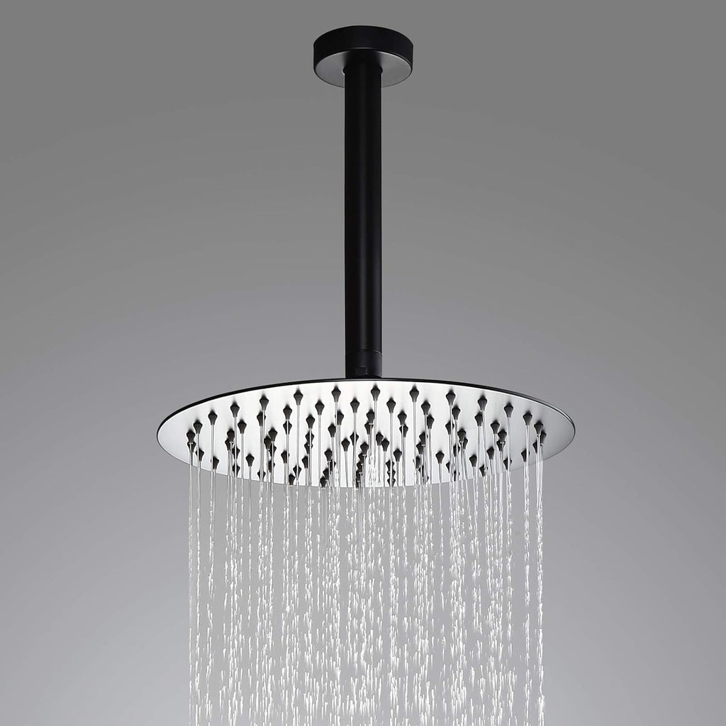 Matte Black 12" Ceiling Mounted Round Rainfall Shower with Hand Shower Wall Mount Combo Set with Rough-in Valve and Trims, Solid Brass T4348