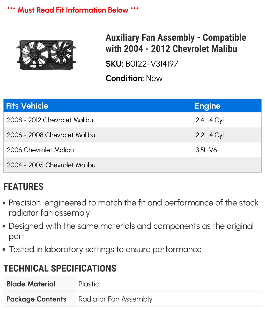 Auxiliary Fan Assembly for Chevy Malibu W177