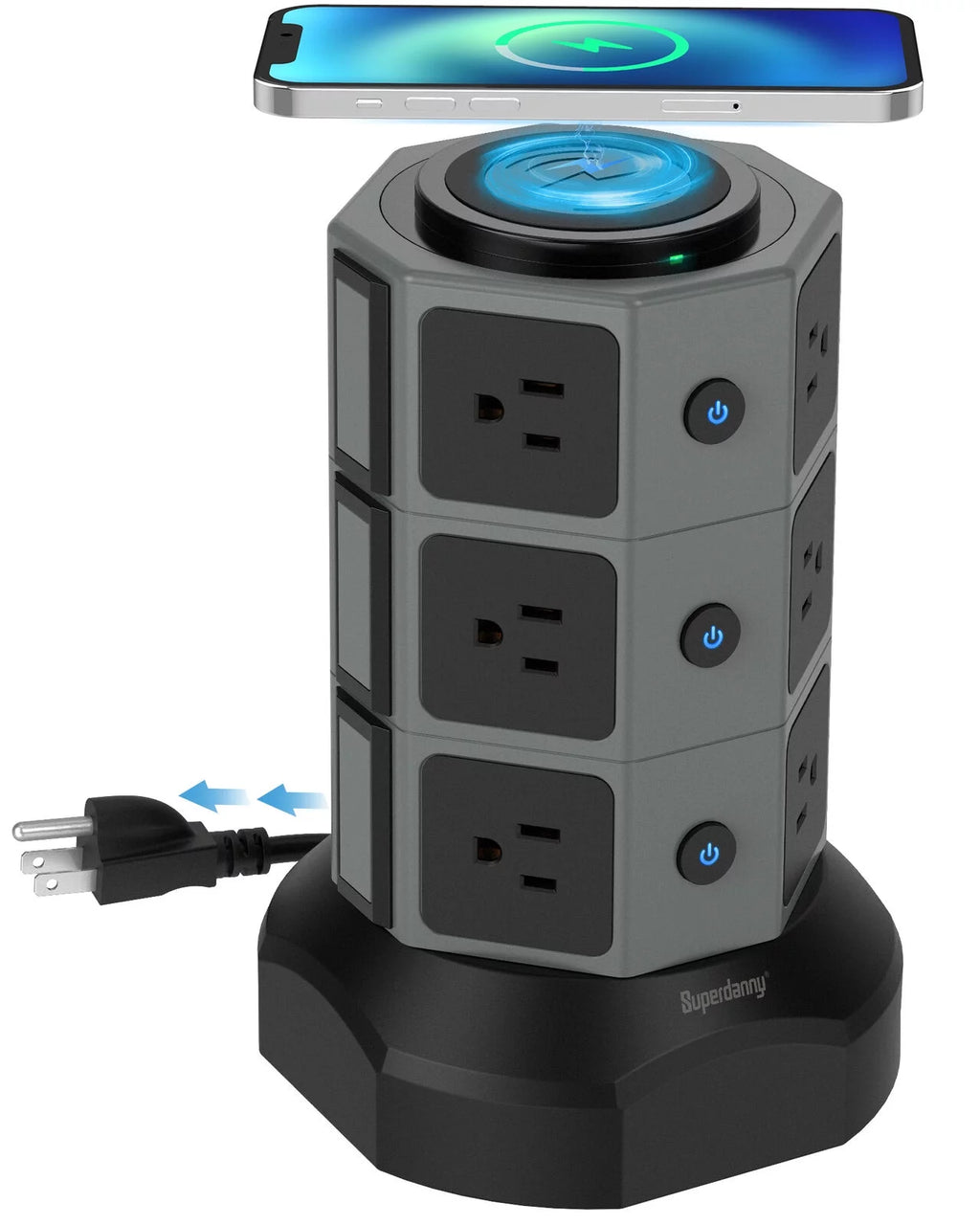 Surge Protector Power Strip Tower with Wireless Charger USB Ports 12 AC Outlet 6.5FT O753