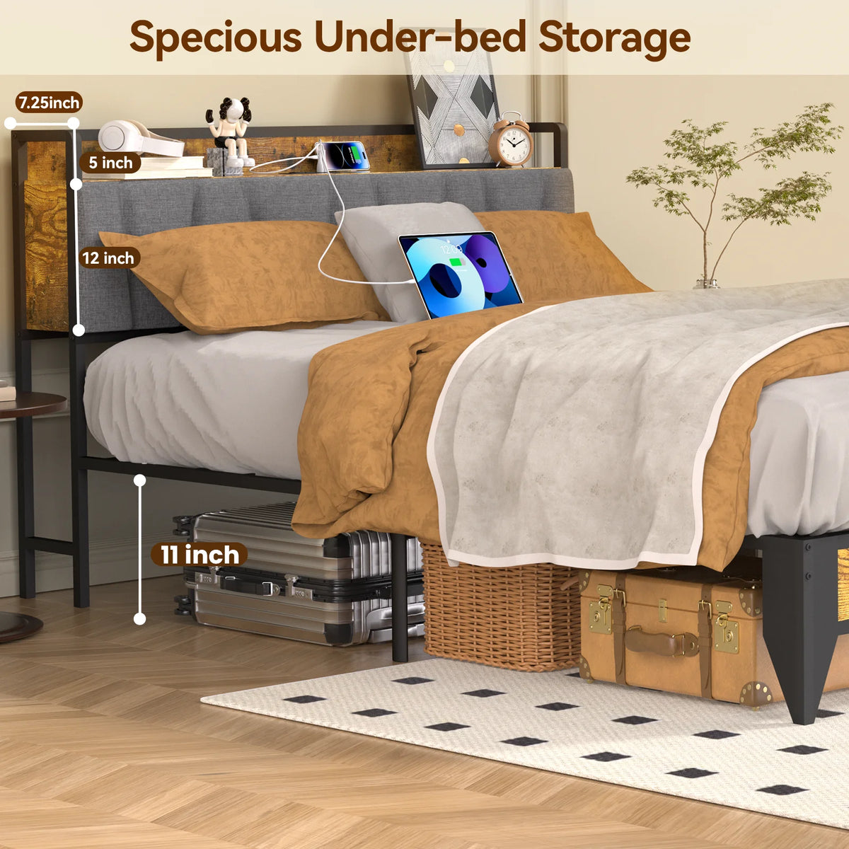Full Size Platform Bed Frame with Headboard and Storage X874