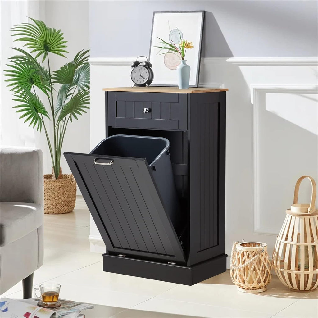 Black 10 Gallon Wood Trash Can Cabinet with Drawer & Cutting Board B147887
