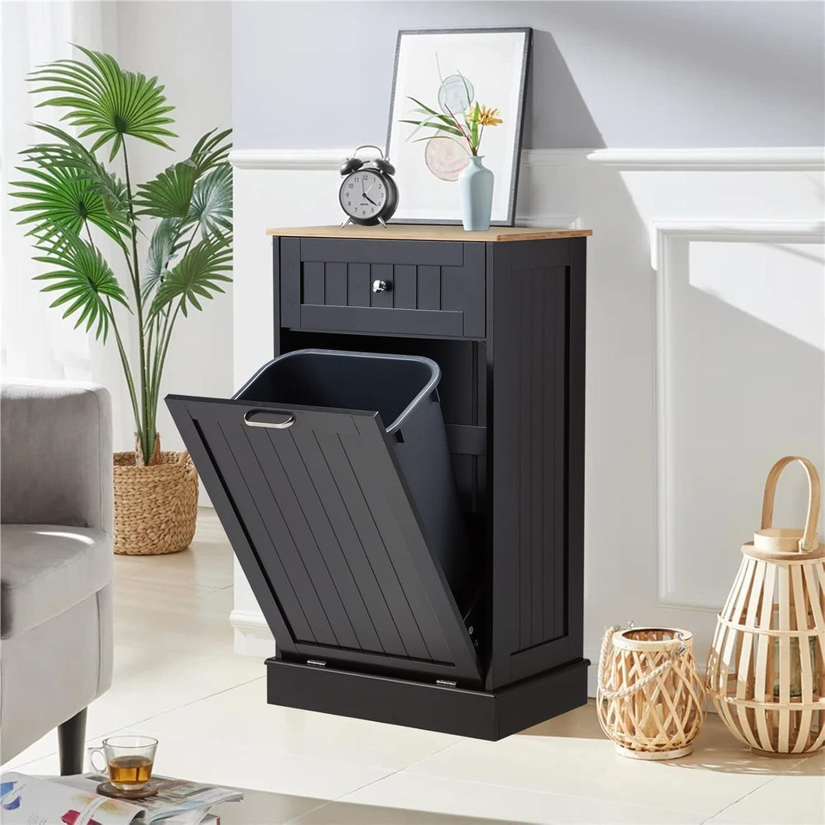 Black 10 Gallon Wood Trash Can Cabinet with Drawer & Cutting Board B147887