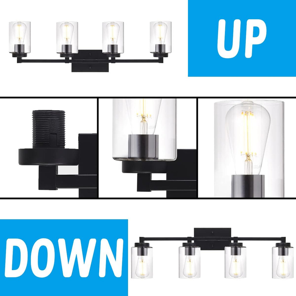 4 Light Matte Black Bathroom Light Fixtures 31.1 Inches Vanity Lighting with Glass Shade G61523