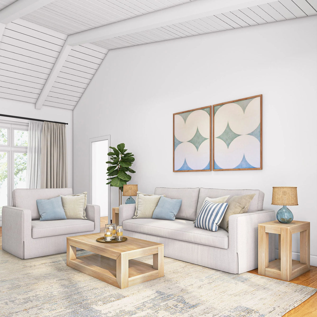 Modern Rectangular Coffee Table with Shelf, Solid Wood 2 Tier N5274