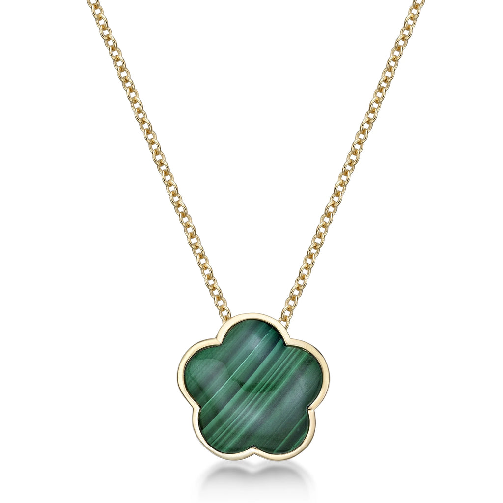 Green Malachite Five Petal Flower Pendant Necklace in 925 Sterling Silver with Yellow Gold Plating on 18 Inch Chain with Spring Ring W842805