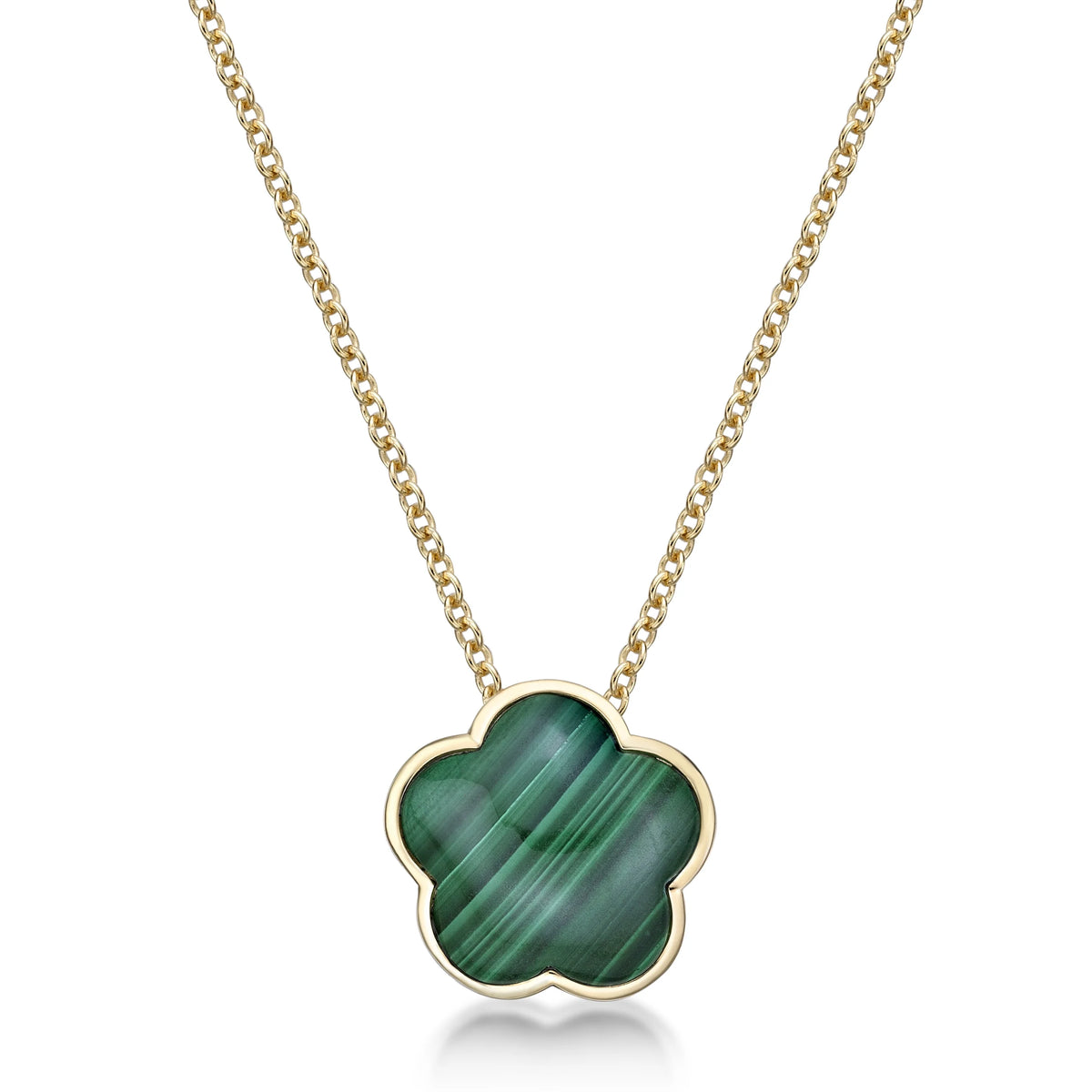 Green Malachite Five Petal Flower Pendant Necklace in 925 Sterling Silver with Yellow Gold Plating on 18 Inch Chain with Spring Ring W842805