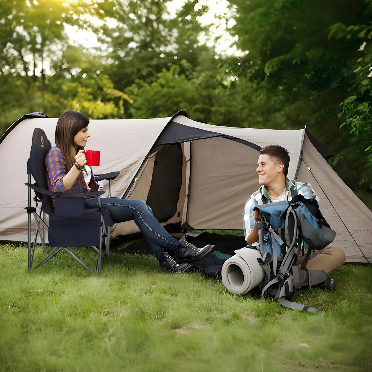 Oversized Padded Folding Camping Chair with Cooler Bag and Cup Holder Y1667