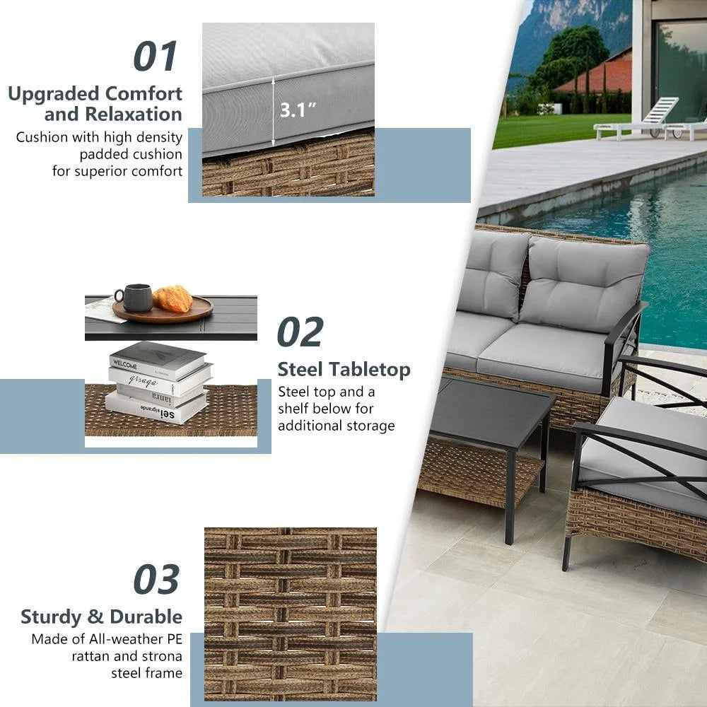 4 Pieces All-Weather PE Rattan Wicker Patio Sofa Set with Coffee Table R281639