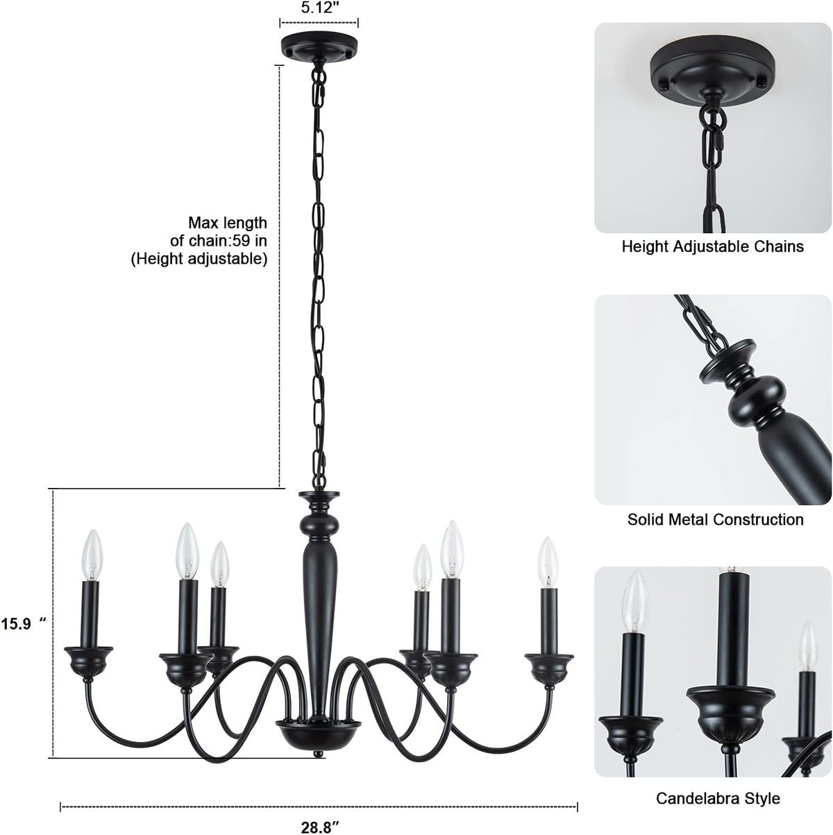 Black 6-Light Candelabra Industrial Chandelier, 28 inches V61529