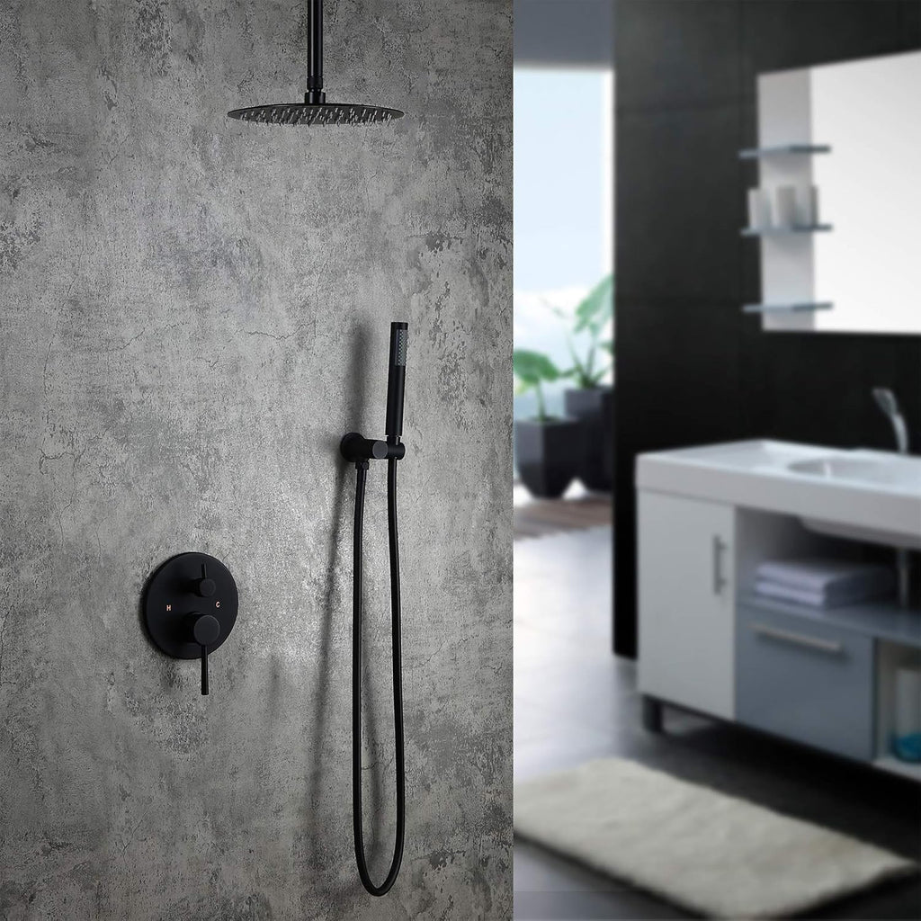 Matte Black 12" Ceiling Mounted Round Rainfall Shower with Hand Shower Wall Mount Combo Set with Rough-in Valve and Trims, Solid Brass T4348