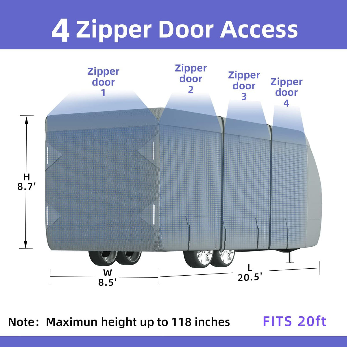 RV Cover with Tongue Jack Cover, Extra Windproof Ropes, Gutter Covers B823870