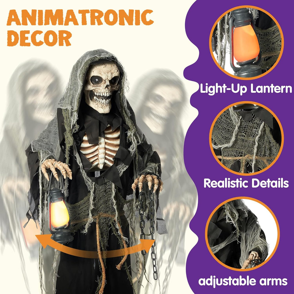 67" Halloween Animatronics Grim Reaper Animated Decoration with Light-Up Eyes W74699