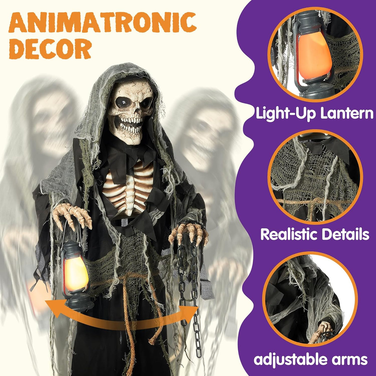 67" Halloween Animatronics Grim Reaper Animated Decoration with Light-Up Eyes W74699