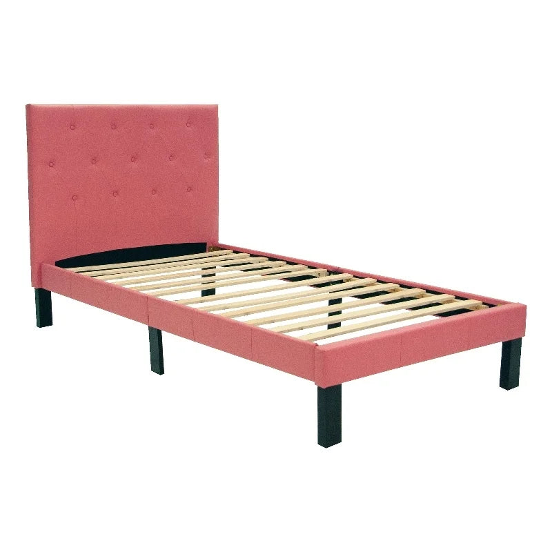 Twin Upholstered Bed Frame with Slats in Pink Faux Leather K6540