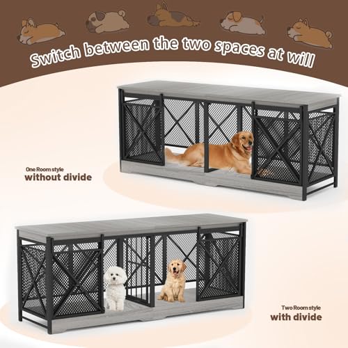 Grey Extra Large Double Dog Crate Furniture with Removable Divider G7070
