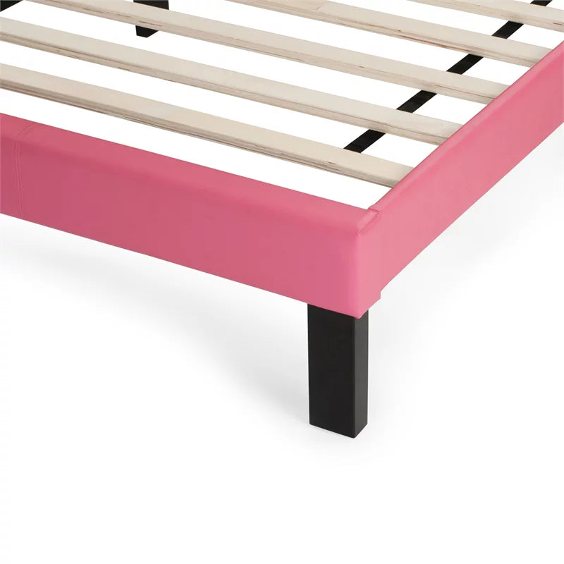 Twin Upholstered Bed Frame with Slats in Pink Faux Leather K6540