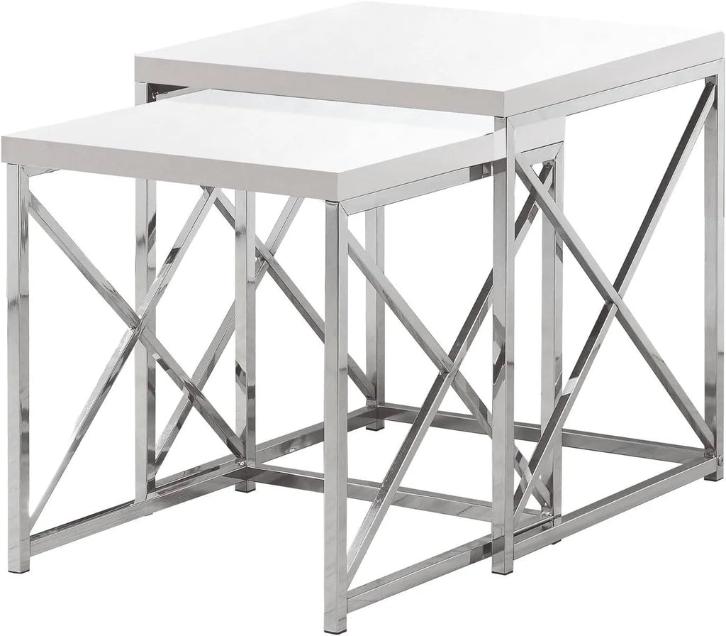 Glossy White Chrome Metal Nesting Table Set 2 Pcs E8355
