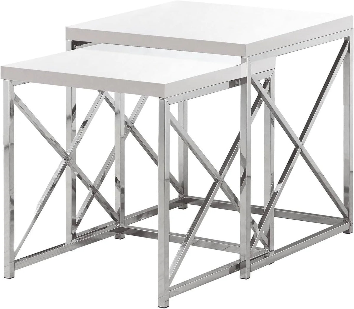Glossy White Chrome Metal Nesting Table Set 2 Pcs E8355