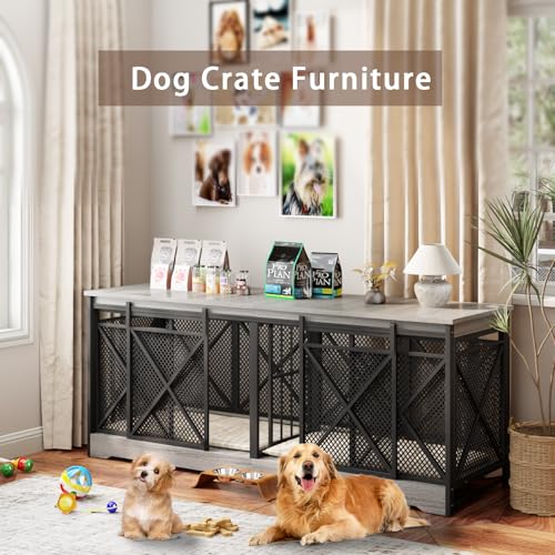 Grey Extra Large Double Dog Crate Furniture with Removable Divider G7070