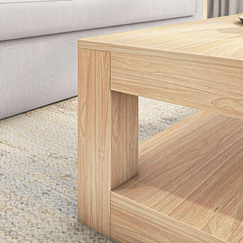 Modern Rectangular Coffee Table with Shelf, Solid Wood 2 Tier N5274