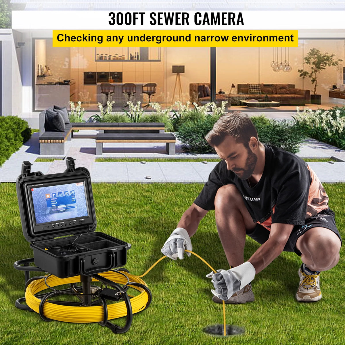 Sewer Camera 300ft Pipe Inspection Camera 9 Inch Color LCD Monitor IP68 Waterproof Borescope Endoscope A5343