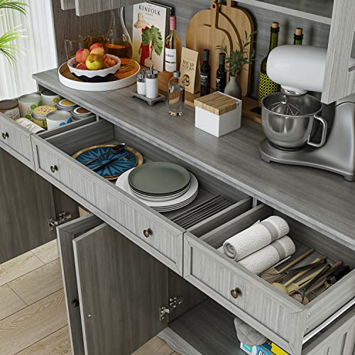 Large Wooden Grey Kitchen Hutch Cabinet with Glass Doors P7885