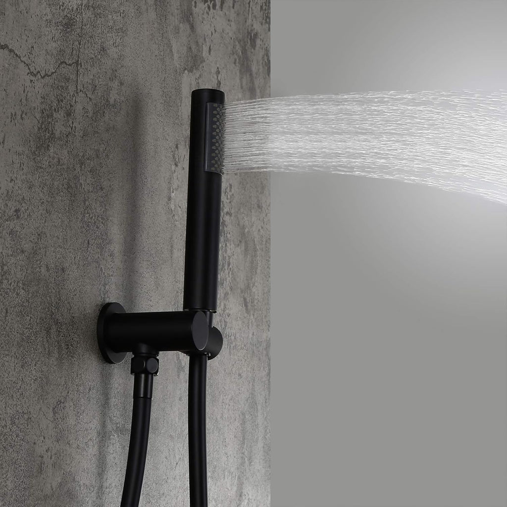 Matte Black 12" Ceiling Mounted Round Rainfall Shower with Hand Shower Wall Mount Combo Set with Rough-in Valve and Trims, Solid Brass T4348