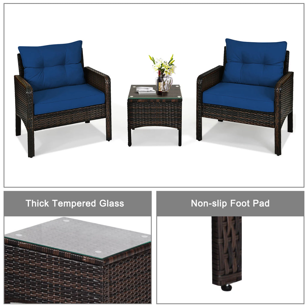 3 Pcs Rattan Patio Conversation Set with Navy Cushions X44598
