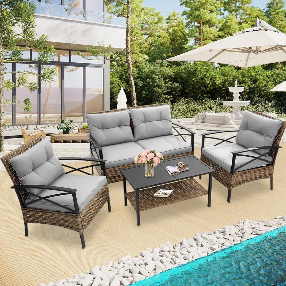 4 Pieces All-Weather PE Rattan Wicker Patio Sofa Set with Coffee Table R281639