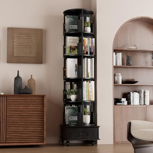 Black 5-Tier Rotating Book Shelf with Drawer A8300