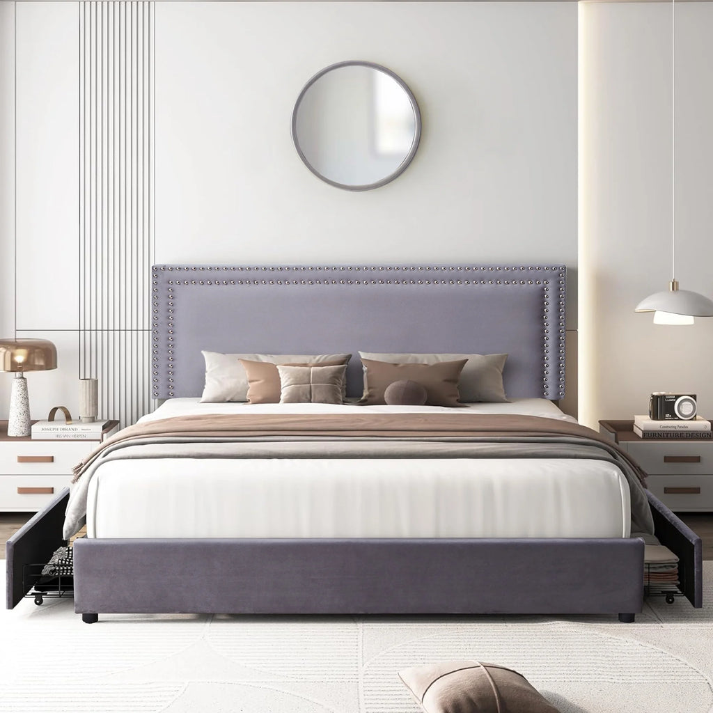 Beige Full Bed Frame with 4 Storage Drawers and Adjustable Headboard X580181